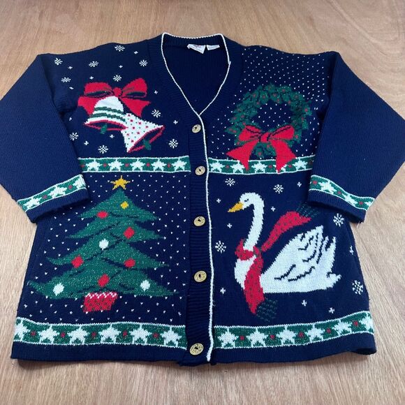Vintage NutCracker Christmas Cardigan Sweater Bell Tree Swan Navy Women’s Size M - Picture 1 of 5